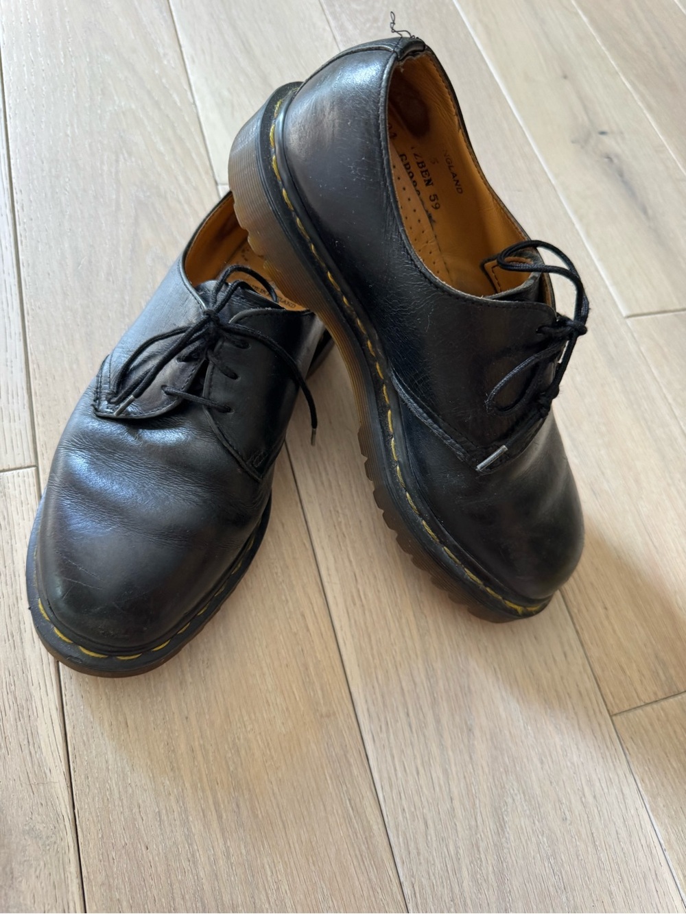 Dr. Martens Black Leather Derby Shoes with Yellow Stitching - Picture 9 of 9